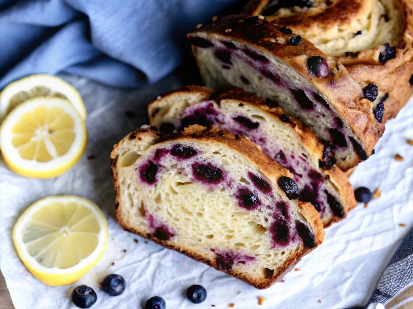 A gorgeous, golden-crusted loaf of sliced Lemon Blueberry Sourdough Bread, with vibrant blueberries and bright yellow lemon zest visible in the irregular open crumb. The bread rests on white crumpled parchment paper over a wooden cutting board on a white marble countertop. Half a lemon and several fresh blueberries are scattered nearby, alongside a folded blue and white striped linen towel. Shot in natural morning light from an east window, with soft shadows and warm tones, showcasing a clean and tidy presentation. No hands or people. (4:3 aspect ratio)