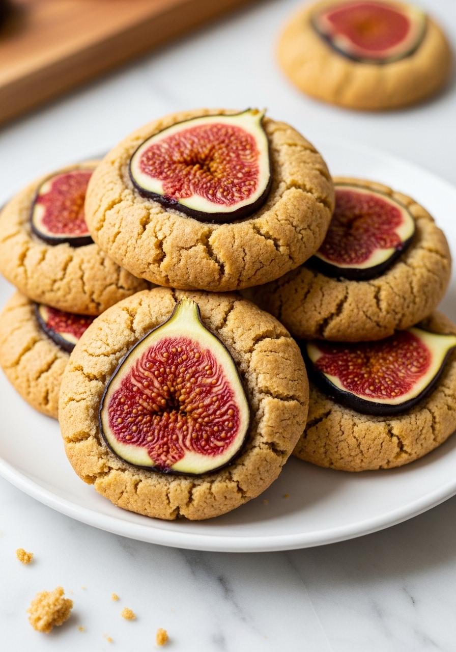 A beautiful 3:4 shot of a stack of golden-brown, rustic fig cookies on a minimalist white plate on a marble countertop, showcasing their inviting, irregular texture and the prominent, vibrant red-purple flesh of fresh fig halves atop each. Natural morning light highlights the chewy-looking edges and the delicate seeds within the figs. A few artful crumbs are visible on the marble countertop, adding to the homemade charm. A hint of a wooden cutting board is in the soft-focused background, without any hands.