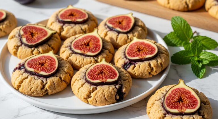 A wide, inviting shot of golden-brown, rustic fig cookies, each topped with a prominent half of a fresh, deep red fig revealing its vibrant seeds, arranged artfully on a minimalist white plate on a marble countertop. The cookies have an irregular, textured surface, hinting at a soft, chewy interior, with subtle hints of a berry-like filling peeking out. Natural morning light casts soft, warm shadows, and a sprig of fresh mint is gently placed nearby, with a hint of a wooden cutting board in the background. The scene is clean, tidy, and deliciously appealing, without any hands.