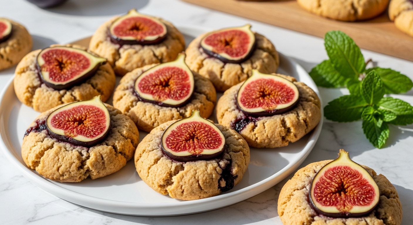A wide, inviting shot of golden-brown, rustic fig cookies, each topped with a prominent half of a fresh, deep red fig revealing its vibrant seeds, arranged artfully on a minimalist white plate on a marble countertop. The cookies have an irregular, textured surface, hinting at a soft, chewy interior, with subtle hints of a berry-like filling peeking out. Natural morning light casts soft, warm shadows, and a sprig of fresh mint is gently placed nearby, with a hint of a wooden cutting board in the background. The scene is clean, tidy, and deliciously appealing, without any hands.