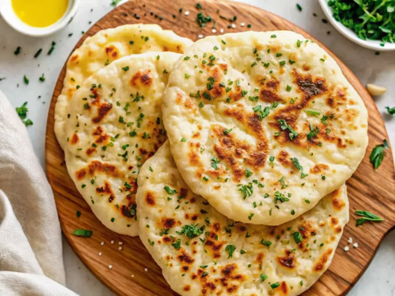 A stack of four golden brown, fluffy cottage cheese flatbreads, topped with fresh chopped green herbs (parsley/cilantro) and glistening olive oil droplets. The flatbreads have visible, irregular golden-brown spots from cooking. They are arranged slightly overlapping on a warm-toned wooden cutting board, placed on a white marble countertop. Soft natural morning light from an east window casts gentle shadows. A ceramic bowl of fresh herbs and a small glass of olive oil are visible in the soft-focus background. Clean, tidy presentation, warm tones. (4:3 ratio).