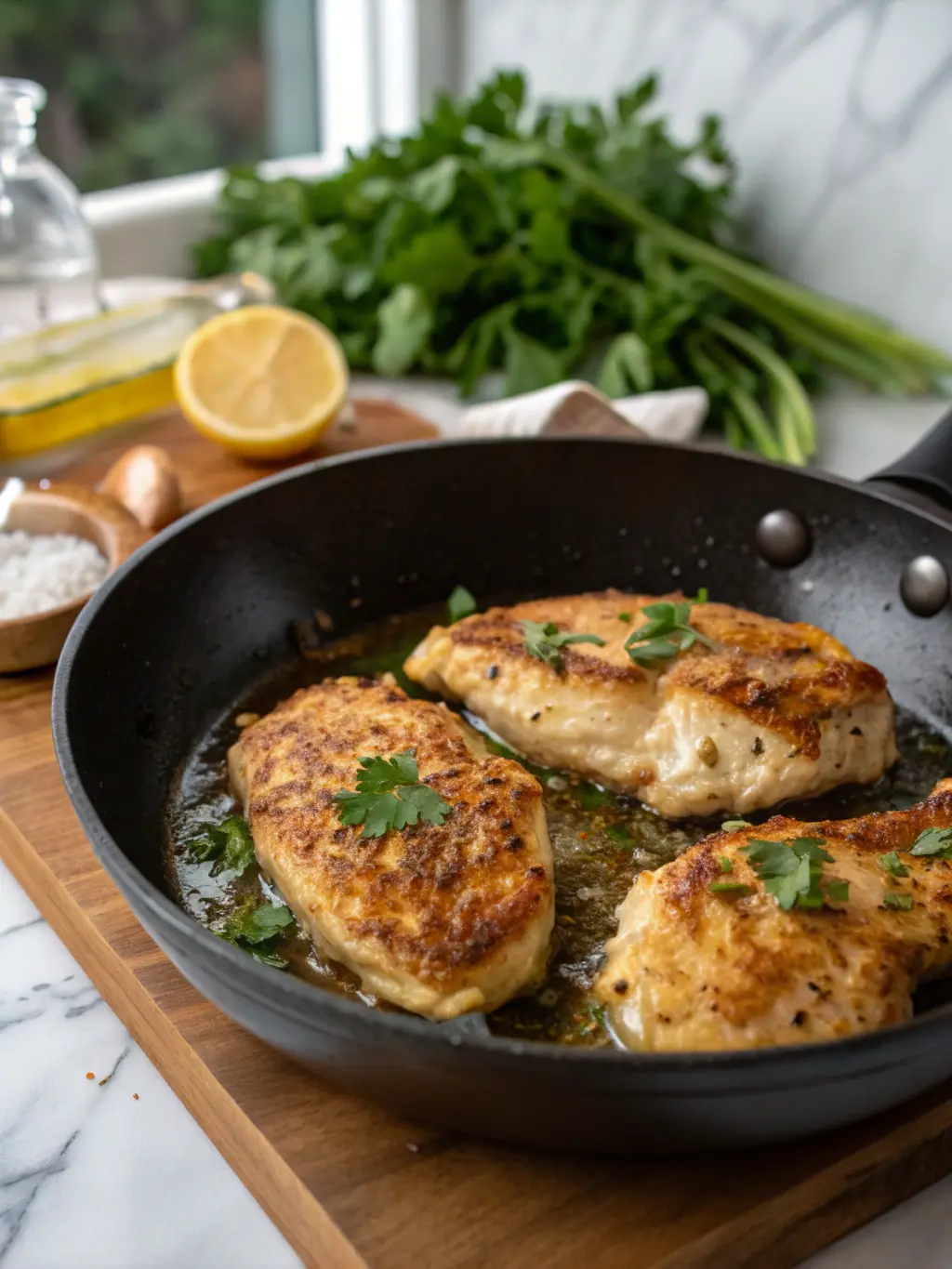 An inviting close-up of golden-brown garlic butter chicken breasts searing perfectly in a dark skillet on a stovetop, capturing the sizzle and developing crust. Minced garlic is just beginning to soften in the bubbling butter alongside, with fresh parsley sprigs and a wooden cutting board with lemon on marble countertops visible in the softly lit background from an east window. Warm tones, clean and tidy presentation.