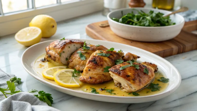 A beautifully plated, mouth-watering dish of golden brown Garlic Butter Chicken. The tender, juicy chicken pieces, some sliced to reveal their succulent interior, are bathed in a rich, glossy lemon garlic butter sauce. Fresh parsley and bright lemon wedges garnish the dish. The minimalist white plate rests on marble countertops with a subtle wood accent in the background, bathed in natural morning light from an east window. Soft shadows and warm tones enhance the deliciously appealing presentation.