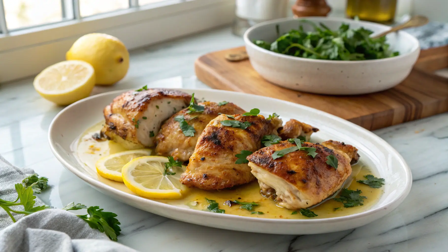 A beautifully plated, mouth-watering dish of golden brown Garlic Butter Chicken. The tender, juicy chicken pieces, some sliced to reveal their succulent interior, are bathed in a rich, glossy lemon garlic butter sauce. Fresh parsley and bright lemon wedges garnish the dish. The minimalist white plate rests on marble countertops with a subtle wood accent in the background, bathed in natural morning light from an east window. Soft shadows and warm tones enhance the deliciously appealing presentation.