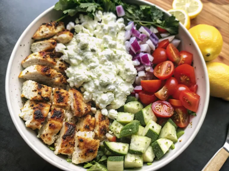 A mouth-watering, vibrant Greek Chicken Bowl, perfectly arranged with golden brown sliced chicken, crisp diced cucumbers, halved red cherry tomatoes, diced red onion, crumbly white feta, a creamy dollop of tzatziki sauce, and a bright lemon wedge, all nestled on a bed of fresh greens in a minimalist white ceramic bowl. The scene is bathed in natural morning light from an east window, with soft shadows, warm tones, and a clean, tidy marble countertop with a hint of a wooden cutting board in the background, fresh herbs visible. NO HANDS.