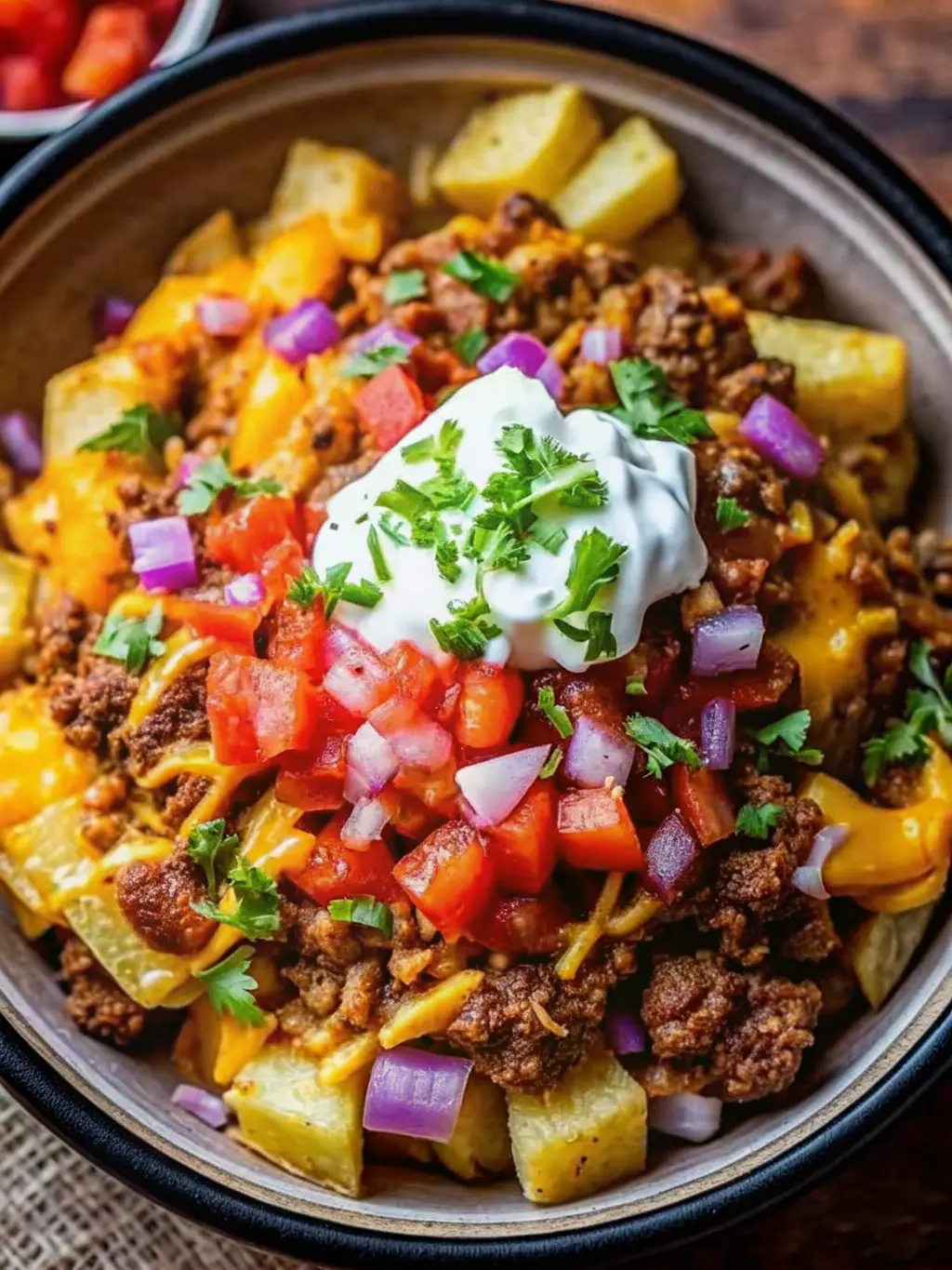 A close-up of a rustic baking sheet filled with golden-brown roasted potato cubes and seasoned, crumbled ground beef, fresh out of the oven. A sprinkle of cheddar cheese is just starting to melt over the mixture. The baking sheet is on a marble countertop with soft natural morning light and subtle wood accents in the background. Clean, tidy, warm tones. No hands or people. (3:4 ratio)