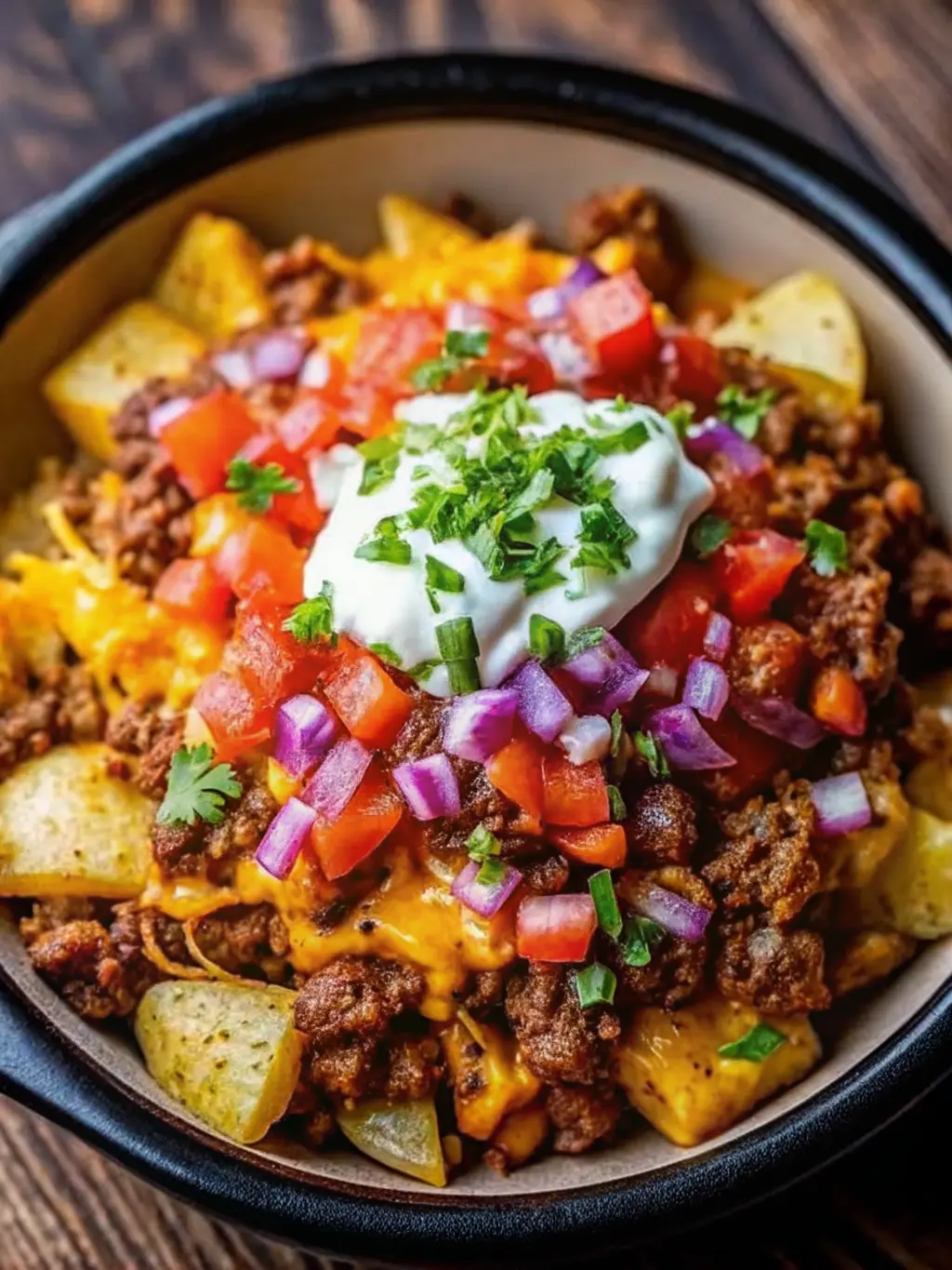 A detailed, close-up shot of the interior of the Ground Beef and Potato Taco Bowl, showing the texture of the crispy roasted potatoes, savory crumbled ground beef, and gooey melted cheddar. The fresh toppings – diced red tomatoes, red onion, sour cream, and green herbs – are brightly visible and layered. The white ceramic bowl with a black rim is prominent on a wooden cutting board with a marble countertop in the background, bathed in natural morning light. Soft shadows, warm tones. No hands or people. (3:4 ratio)