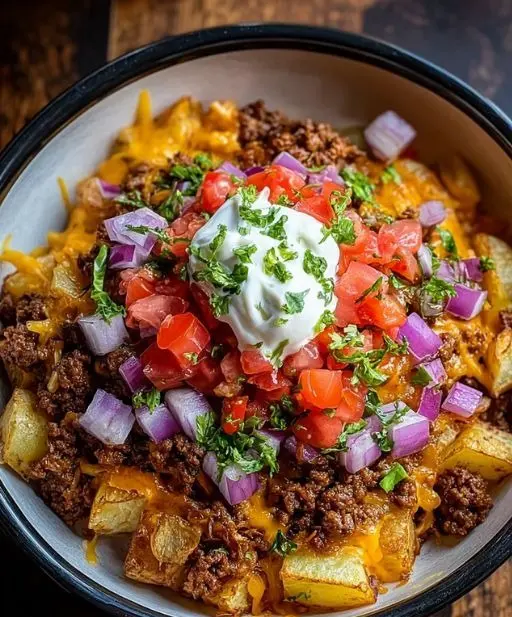 A vibrant, hearty Ground Beef and Potato Taco Bowl served in a minimalist white ceramic bowl with a black rim. The bowl is filled with golden-brown roasted potato cubes, seasoned crumbled ground beef, and generous melted cheddar cheese. It's generously topped with fresh, diced red tomatoes, vivid purple-red diced red onion, a perfect dollop of creamy white sour cream, and a sprinkle of chopped green herbs. The setting is a bright kitchen with natural morning light, featuring marble countertops and a visible wooden cutting board beneath the bowl, creating warm tones and soft shadows. No hands or people. (4:3 ratio)