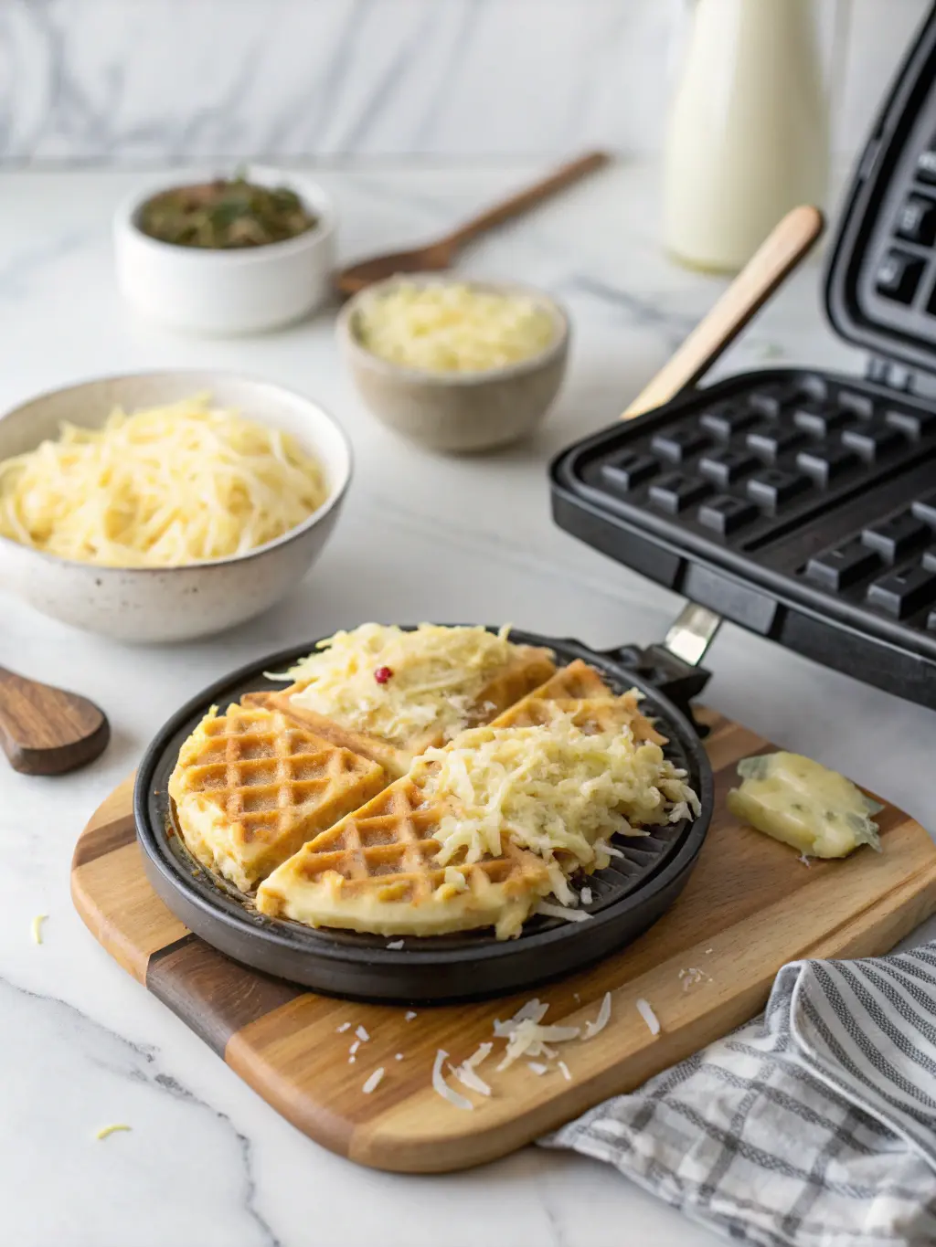 A 3:4 shot capturing the in-process moment of shredded potato mixture being pressed onto a preheated waffle iron, creating a delicious Hashbrown Chaffle. The natural morning light illuminates the texture, with marble countertops and a corner of the wooden cutting board visible, maintaining the clean kitchen aesthetic. No hands are visible.