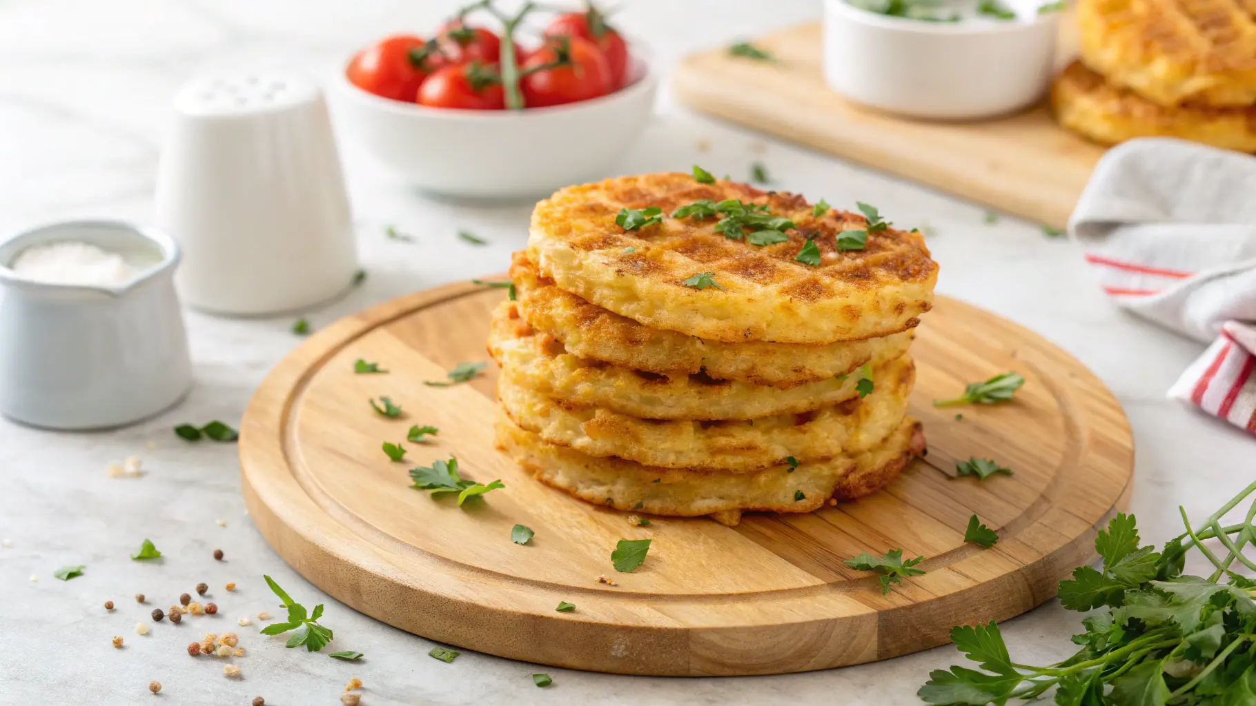 A mouth-watering 16:9 overhead shot of a stack of golden brown, crispy Hashbrown Chaffles on a round, light wooden cutting board. Fresh green herbs are sprinkled on top. The background features soft, natural morning light, a hint of marble countertop, and out-of-focus red tomatoes and a minimalist white shaker, all contributing to a warm, clean aesthetic.