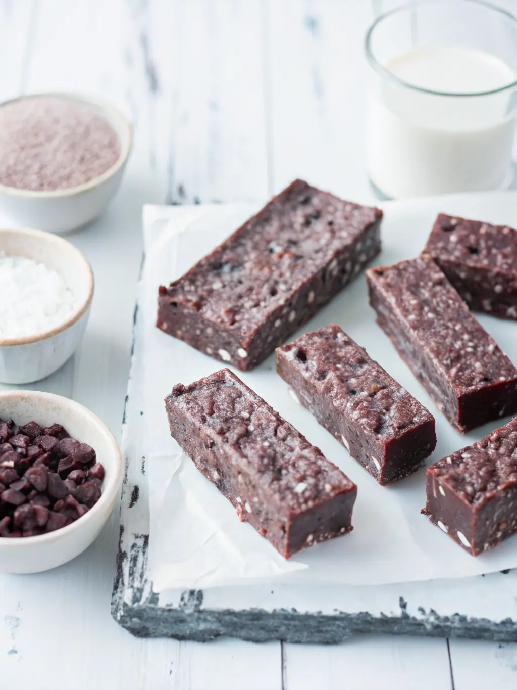 An overhead shot of the raw ingredients for Healthier Homemade Crunch Bars: dark chocolate chips in a minimalist white ceramic bowl, natural nut butter in another small bowl, a bottle of maple syrup, coconut oil, vanilla extract, and puffed rice cereal, all artfully arranged on a clean marble countertop next to the same dark wooden cutting board, bathed in natural morning light with soft shadows and warm tones, fresh herbs in the background. 3:4 ratio. NO HANDS OR PEOPLE.