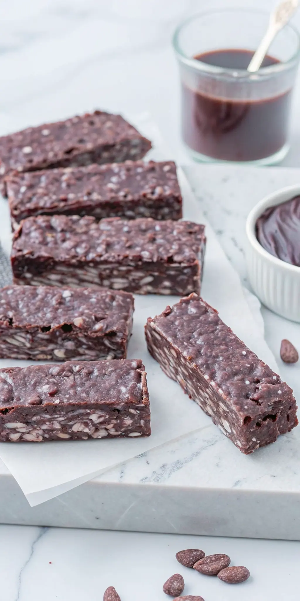 A close-up of a stack of two Healthier Homemade Crunch Bars, showing their distinct dark chocolate coating and visible puffed rice texture, resting on a minimalist white plate. A few loose puffed rice pieces and chocolate drizzles are around the plate on a marble countertop, with fresh herbs and subtle warm tones from natural morning light in the soft background. 3:4 ratio. NO HANDS OR PEOPLE.