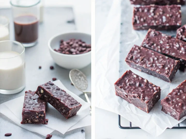 A hero shot of several rectangular dark chocolate-coated puffed rice bars (Healthier Homemade Crunch Bars), arranged on white parchment paper on a dark, rustic wooden cutting board. Some loose puffed rice pieces are scattered near the bars. In the soft-focus background, a minimalist white glass of milk and a small ceramic bowl with melted chocolate sauce are visible. The scene is bathed in natural morning light, casting soft shadows, with warm tones against a clean marble countertop, and fresh herbs subtly visible in the distant background. 4:3 ratio. NO HANDS OR PEOPLE.