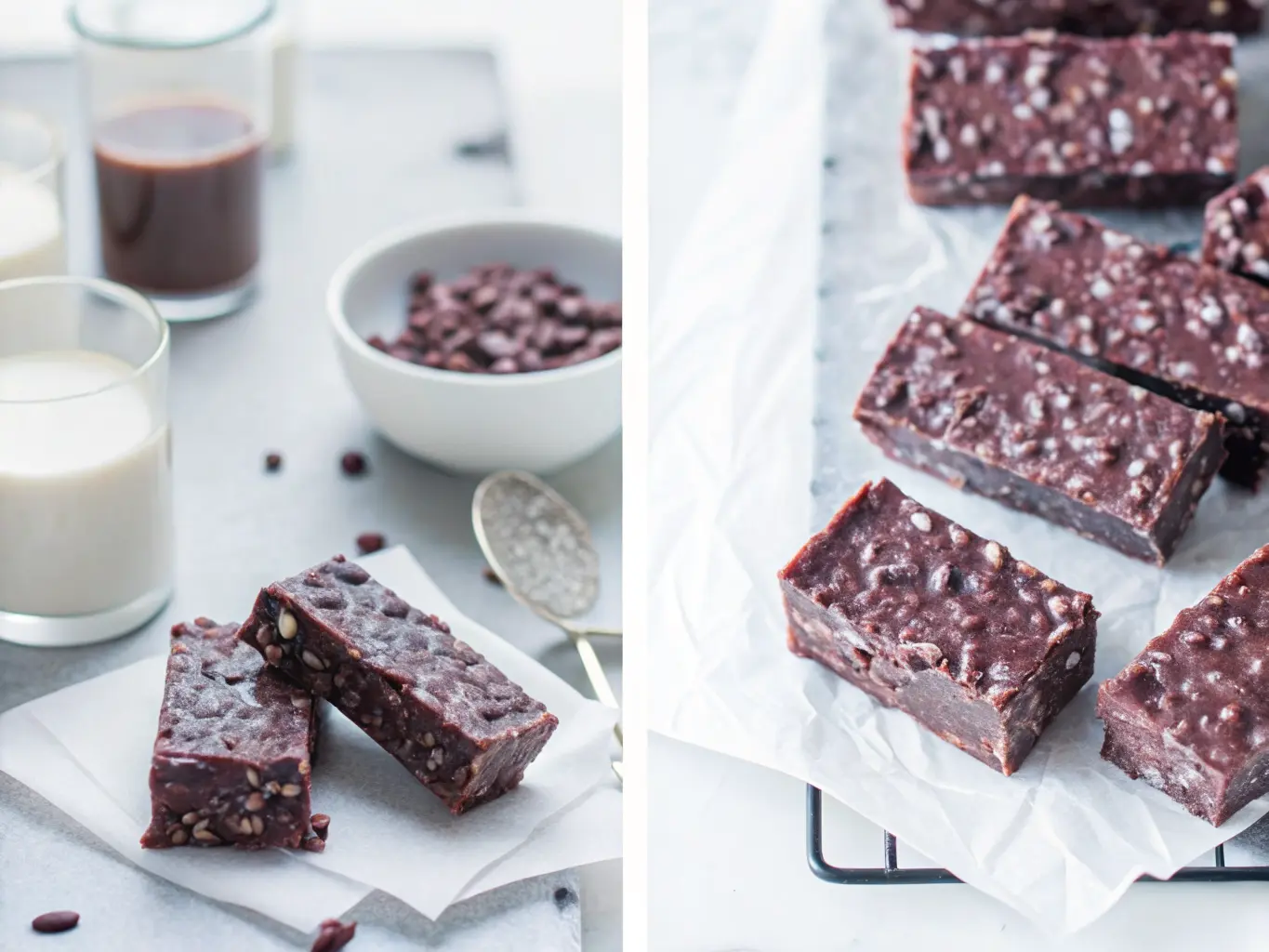 A hero shot of several rectangular dark chocolate-coated puffed rice bars (Healthier Homemade Crunch Bars), arranged on white parchment paper on a dark, rustic wooden cutting board. Some loose puffed rice pieces are scattered near the bars. In the soft-focus background, a minimalist white glass of milk and a small ceramic bowl with melted chocolate sauce are visible. The scene is bathed in natural morning light, casting soft shadows, with warm tones against a clean marble countertop, and fresh herbs subtly visible in the distant background. 4:3 ratio. NO HANDS OR PEOPLE.