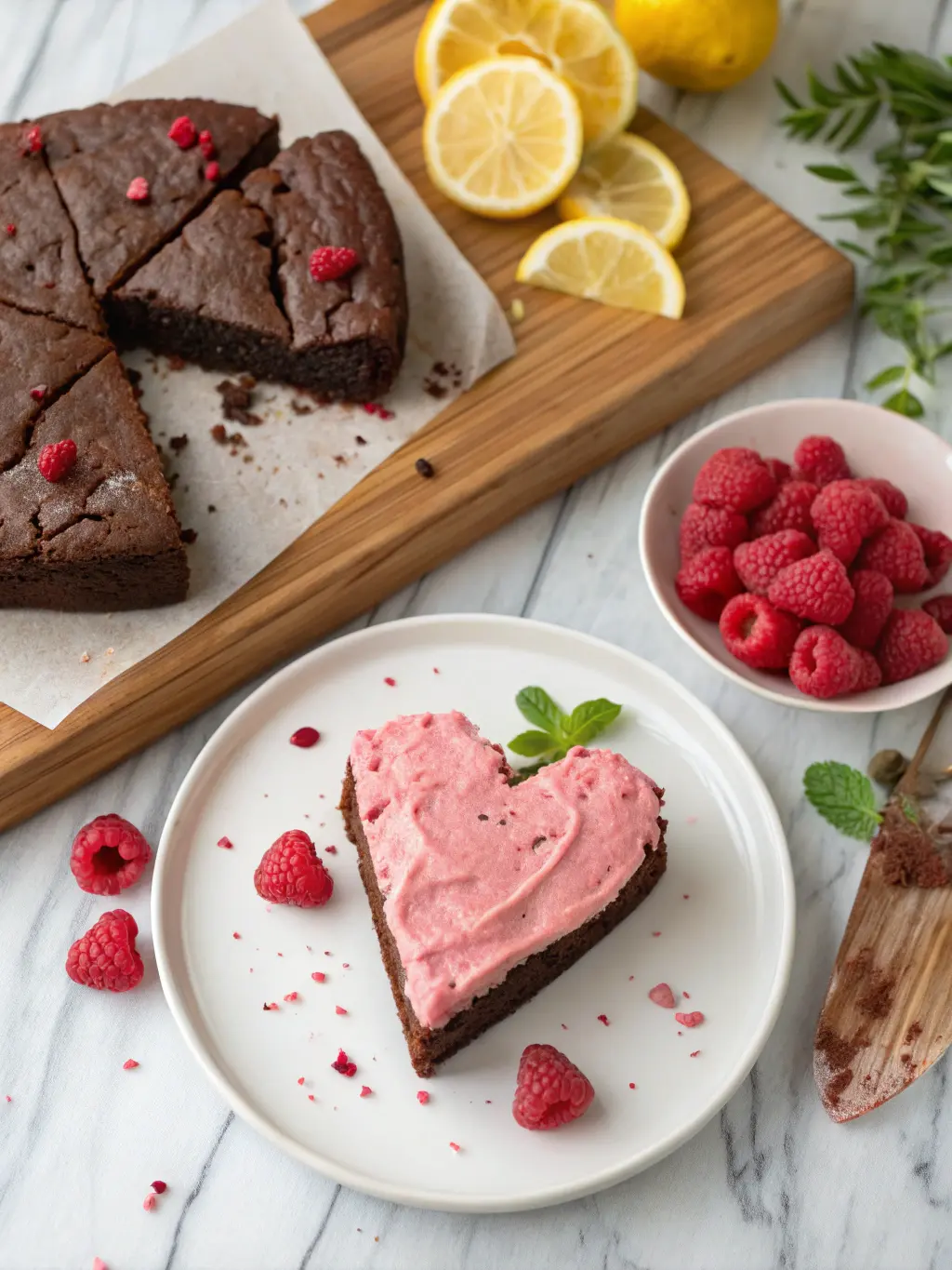 A different angle of the finished Heart Shaped Brownies, with one brownie slice removed, showing the fudgy interior and the clean cut heart shape. The plate is on the marble countertop next to the wooden cutting board. Natural morning light creates gentle highlights on the zesty raspberry lemon frosting. Fresh raspberries and lemon slices are casually scattered nearby, with fresh herbs subtly visible in the soft-focused background, emphasizing warm tones and a clean presentation.