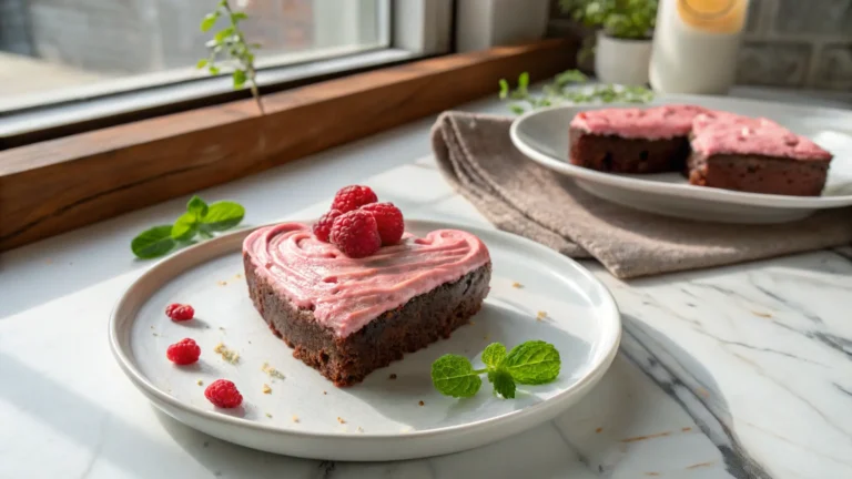 A beautifully plated slice of Heart Shaped Brownie, topped with zesty raspberry lemon frosting and a fresh raspberry, resting on a minimalist white plate. The scene is bathed in natural morning light from the east window, highlighting the fudgy texture and vibrant frosting. Soft shadows fall across the marble countertop with subtle wood accents in the background, where a small sprig of fresh mint or lemon balm is artfully placed. The presentation is clean, tidy, and has warm tones.