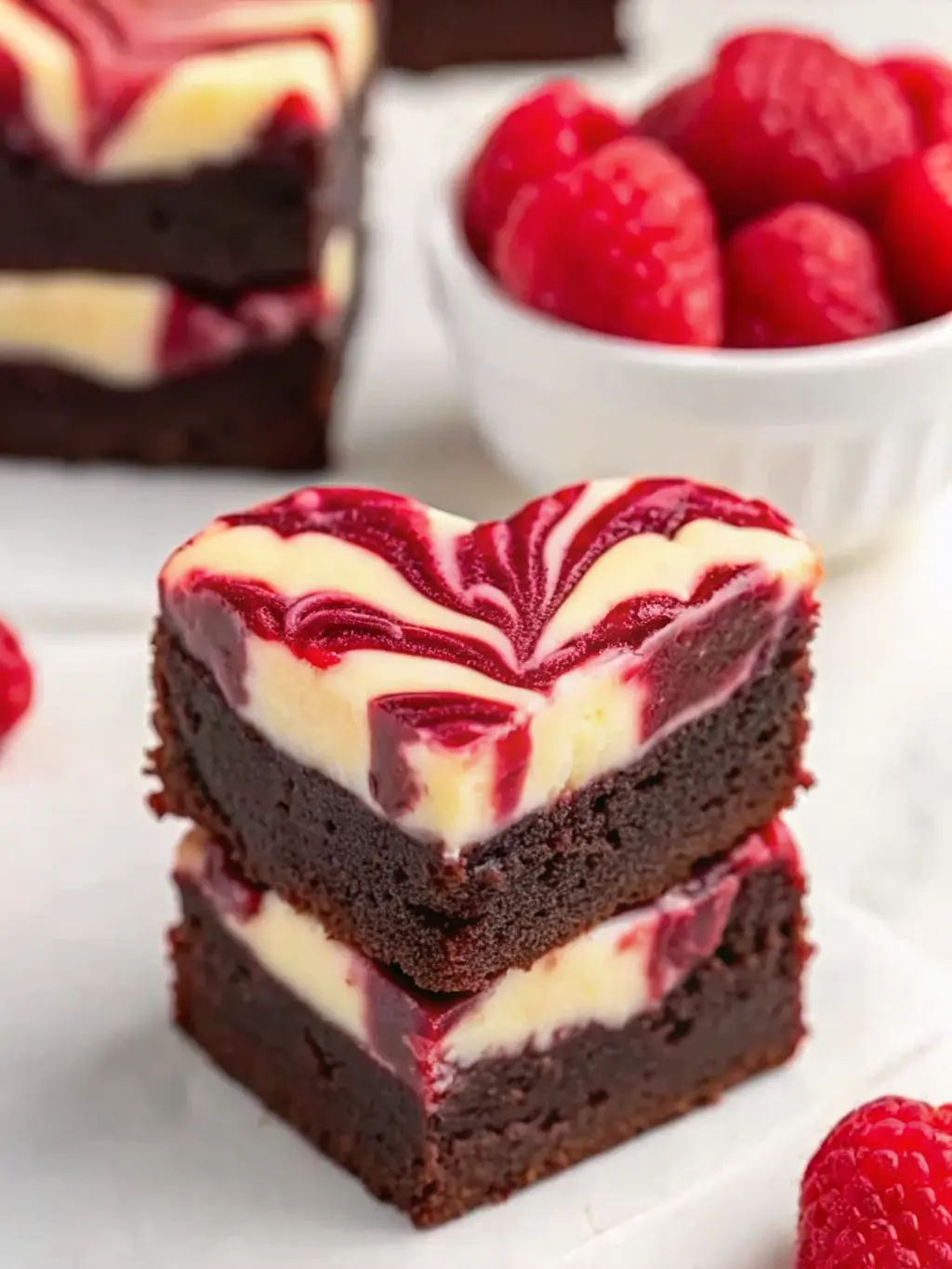 A close-up of the process of swirling the raspberry cheesecake mixture into the brownie batter in a heart-shaped baking pan. Dollops of dark brownie batter, white cheesecake, and red raspberry cheesecake are visible, with a wooden skewer just beginning to create the marble pattern. The scene is well-lit by natural light on a marble surface. (3:4 ratio)