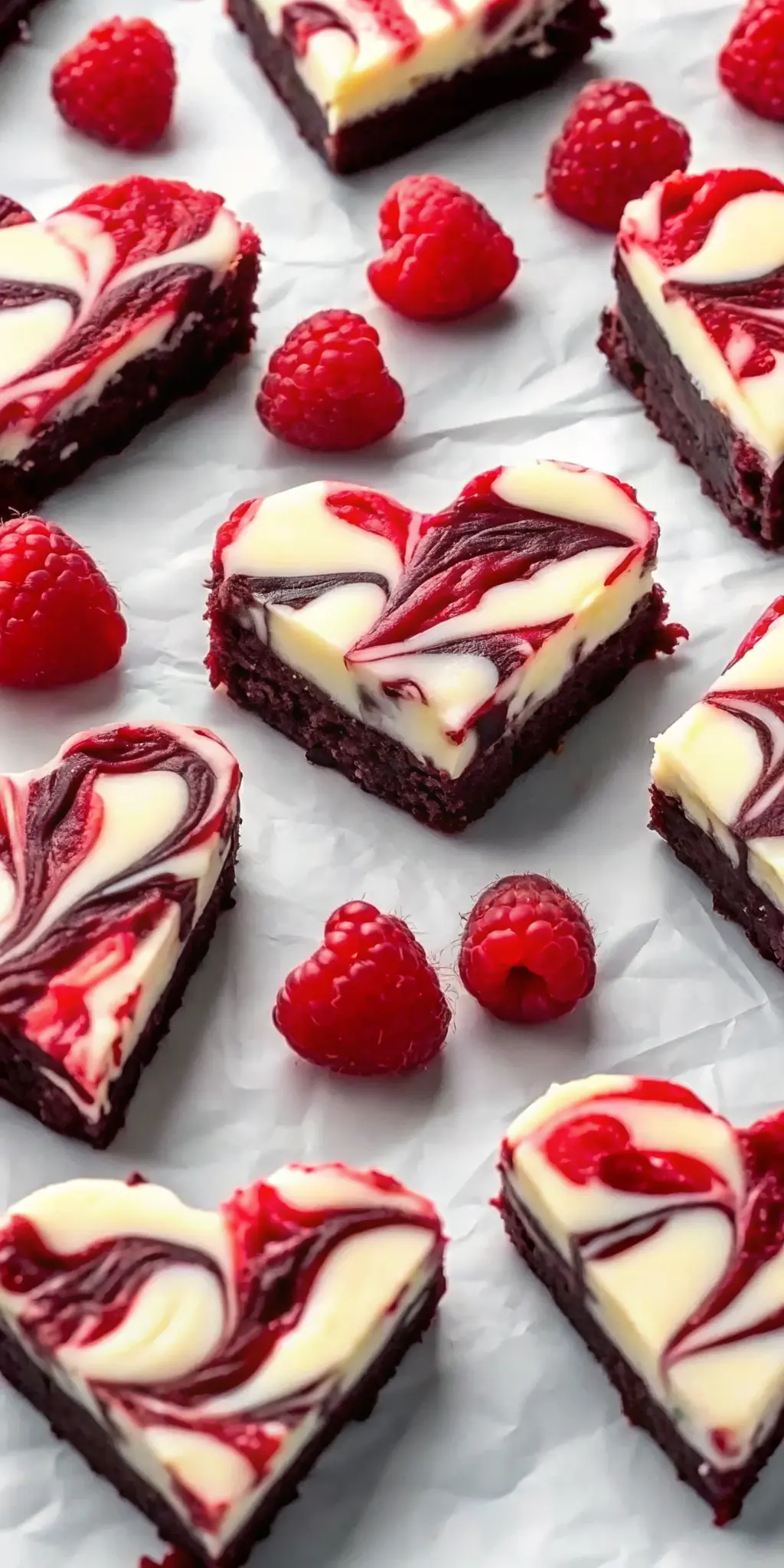 A single Heart Shaped Brownie, perfectly cut, showing the defined layers of fudgy chocolate, creamy white cheesecake, and bright red raspberry swirl. It rests on a minimalist white plate, garnished with a few fresh raspberries, positioned on a wooden cutting board with soft, warm morning light and subtle shadows. (3:4 ratio)