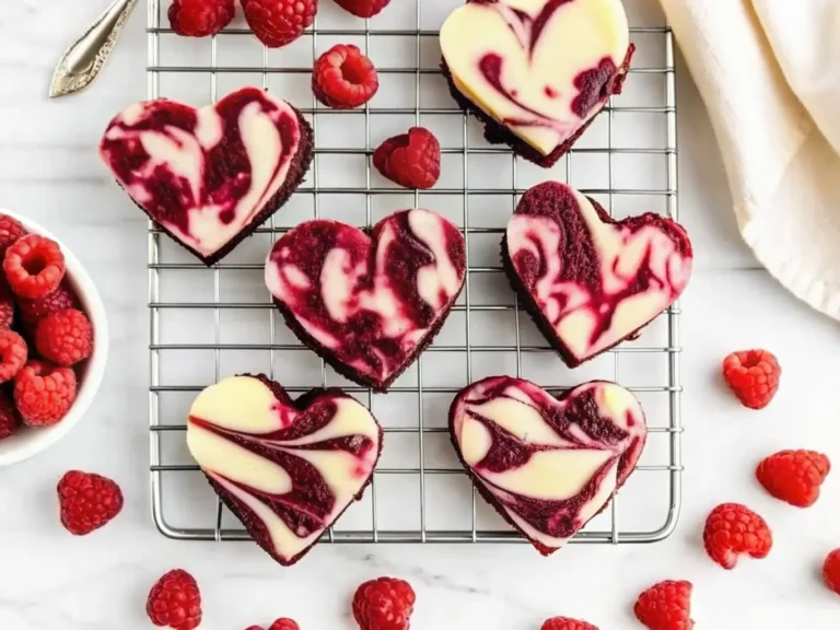 A hero shot of several heart-shaped brownies with distinct raspberry and cream cheese swirls over a fudgy chocolate base, arranged on white parchment paper on a gold wire cooling rack. Fresh, vibrant red raspberries are scattered around them. The scene is bathed in natural morning light from an east window, casting soft shadows on a marble countertop with subtle wood accents. Minimalist white ceramic bowls and fresh herbs are blurred softly in the background. (4:3 ratio)