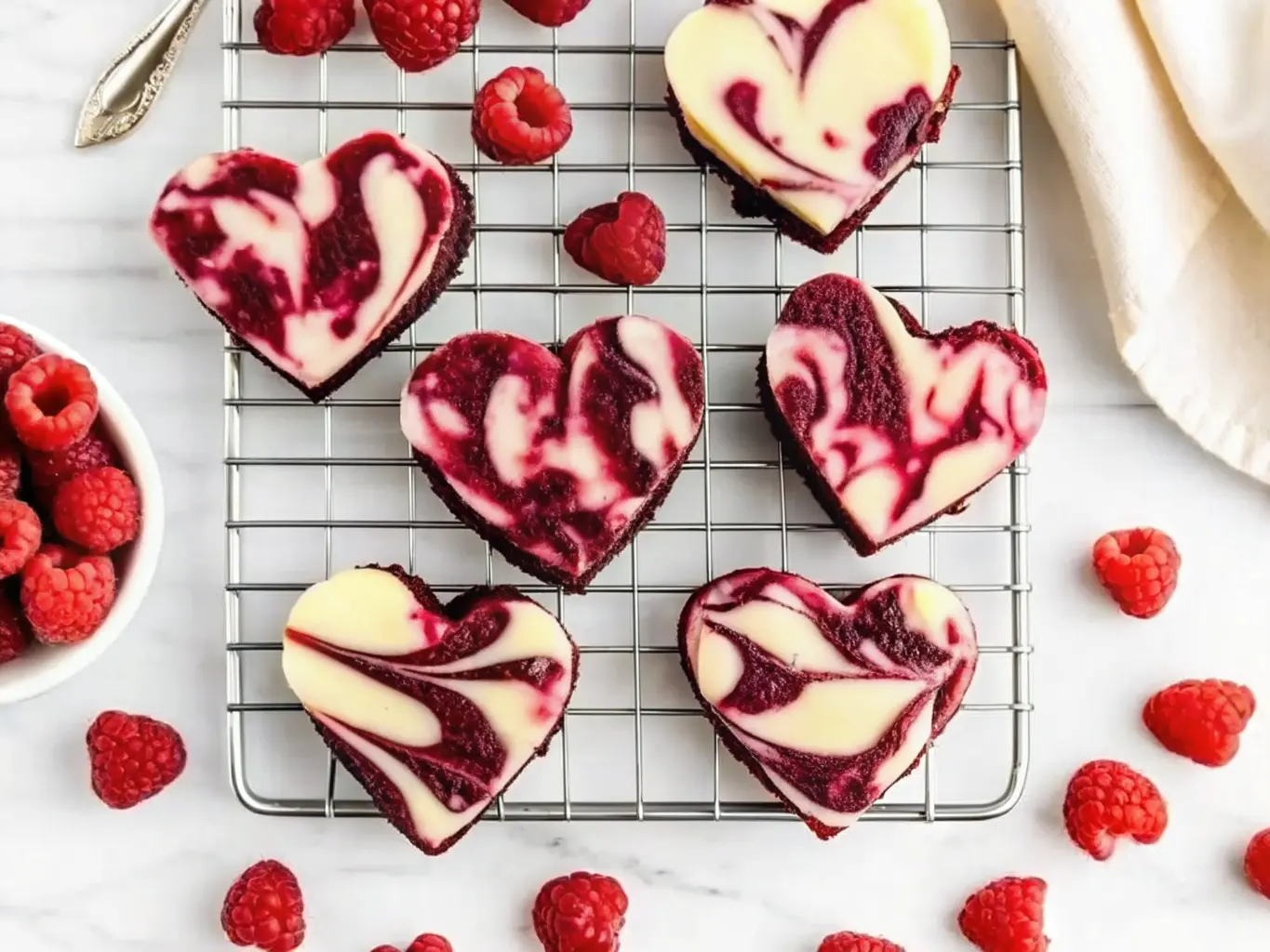 A hero shot of several heart-shaped brownies with distinct raspberry and cream cheese swirls over a fudgy chocolate base, arranged on white parchment paper on a gold wire cooling rack. Fresh, vibrant red raspberries are scattered around them. The scene is bathed in natural morning light from an east window, casting soft shadows on a marble countertop with subtle wood accents. Minimalist white ceramic bowls and fresh herbs are blurred softly in the background. (4:3 ratio)