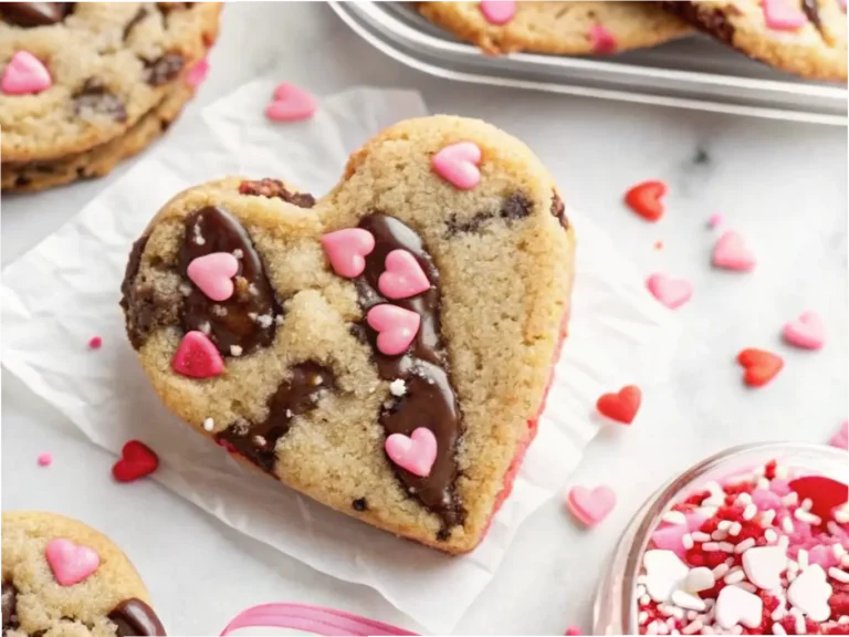 A close-up, top-down shot of a golden-brown Heart Shaped Chocolate Chip Cookie, richly adorned with large, melted chocolate chunks and vibrant pink, red, and white heart-shaped and round sprinkles. The cookie is resting on a piece of white parchment paper on a light marble countertop. In the soft-focus background, a clear glass bowl filled with colorful sprinkles and more cookies on a minimalist white plate are visible. Natural morning light from an east window casts soft shadows. No hands or people. Warm tones, clean and tidy presentation, reflecting a genuine love for baking.