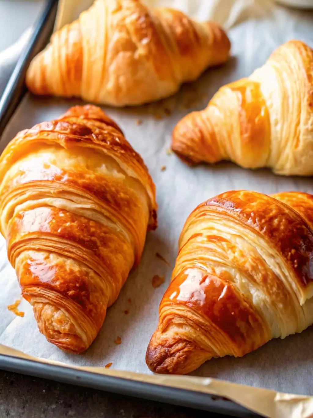 A partially rolled-out croissant dough, showcasing the distinct layers of butter beautifully laminated within the dough, resting on a lightly floured wooden cutting board. The marble countertop is visible around the edges. The scene is illuminated by soft natural morning light, highlighting the texture and sheen of the dough. Clean and tidy. 3:4 ratio. NO HANDS OR PEOPLE.