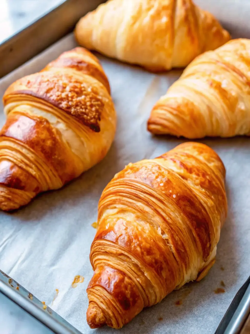 A close-up, slightly angled shot of a single perfectly baked golden-brown French croissant on a minimalist white ceramic plate, revealing its exquisitely flaky, airy interior and shiny, crisp exterior. A few delicate crumbs and a hint of melted butter create a rich texture on the surrounding light marble countertop. Soft natural morning light from an east window. 3:4 ratio. NO HANDS OR PEOPLE.
