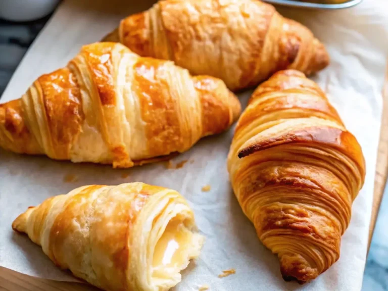 Hero shot of two perfectly golden-brown, flaky French croissants, showing distinct layers and a glossy finish, artfully arranged on a light marble countertop. The scene is bathed in soft natural morning light from an east window, casting warm tones and subtle shadows. A wooden cutting board is subtly visible in the background, with a few fresh rosemary sprigs placed nearby. Clean and tidy presentation. 4:3 ratio. NO HANDS OR PEOPLE.