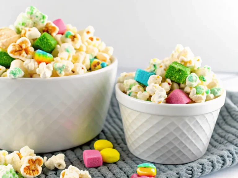 A vibrant and inviting hero shot of Loaded Leprechaun Popcorn overflowing from a small, textured white ceramic bowl, with a larger matching bowl slightly blurred in the background, all set on a clean white marble countertop. Scattered around the smaller bowl are individual pieces of the white chocolate-coated popcorn, colorful Lucky Charms marshmallows (pink, blue, yellow, green), and green M&Ms. A dark green waffle-weave linen is draped casually behind and to the side, adding a festive touch. The scene is bathed in natural morning light from an east window, casting soft shadows. The overall aesthetic is warm, clean, and tidy, with a hint of a wooden accent in the background, but no fresh herbs prominently visible, maintaining focus on the popcorn as seen in the original image. (4:3 ratio)