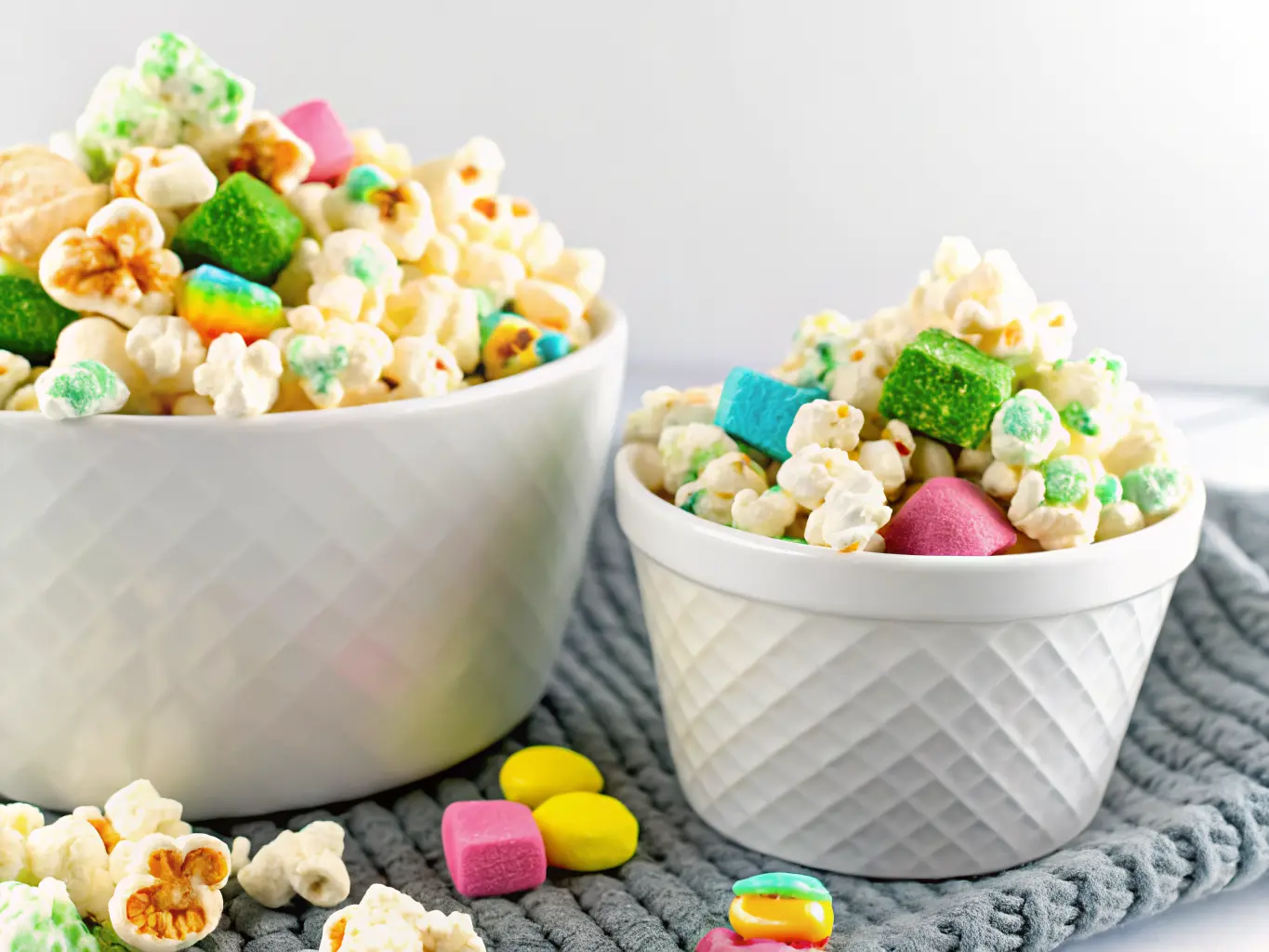 A vibrant and inviting hero shot of Loaded Leprechaun Popcorn overflowing from a small, textured white ceramic bowl, with a larger matching bowl slightly blurred in the background, all set on a clean white marble countertop. Scattered around the smaller bowl are individual pieces of the white chocolate-coated popcorn, colorful Lucky Charms marshmallows (pink, blue, yellow, green), and green M&Ms. A dark green waffle-weave linen is draped casually behind and to the side, adding a festive touch. The scene is bathed in natural morning light from an east window, casting soft shadows. The overall aesthetic is warm, clean, and tidy, with a hint of a wooden accent in the background, but no fresh herbs prominently visible, maintaining focus on the popcorn as seen in the original image. (4:3 ratio)