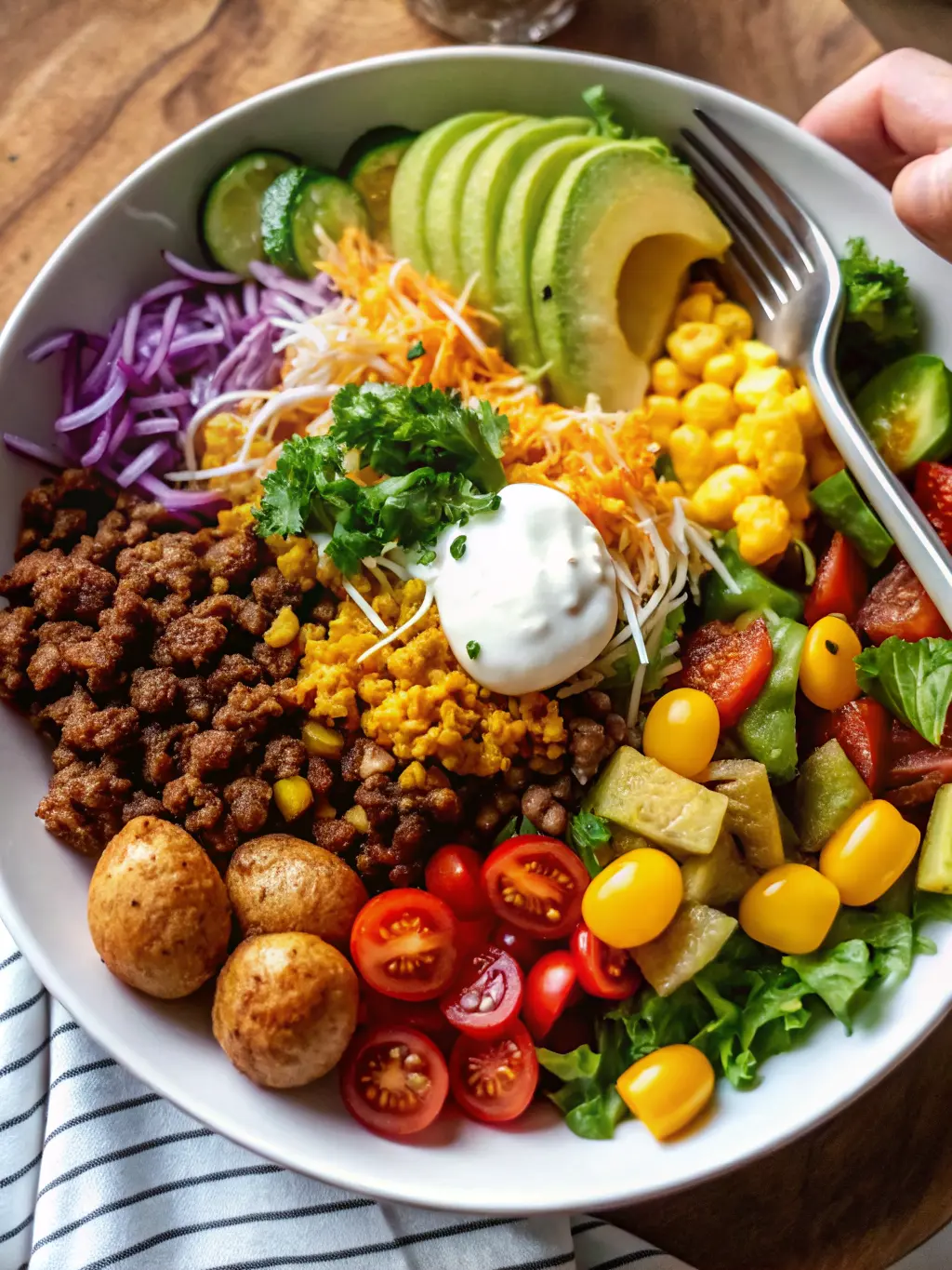 A close-up shot of crispy, golden-brown roasted baby potatoes, some whole and some halved, spread evenly on a minimalist white ceramic baking sheet. The potatoes show a slightly textured, seasoned skin, indicating perfect roasting. In the blurred background, a warm skillet contains savory, spiced ground beef and black beans simmering gently. The scene is set on a light marble countertop with warm natural light from an east window. Soft shadows. No hands or people. 3:4 aspect ratio.