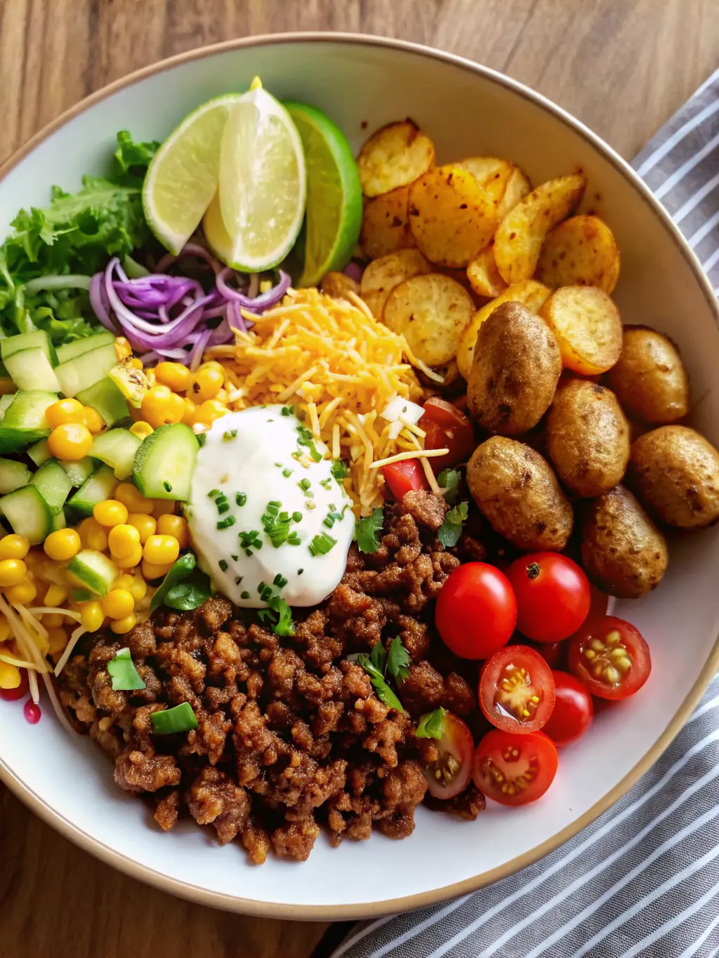 A detailed close-up shot of a section of the Loaded Potato Taco Bowl, focusing on the rich textures and layers. Show the golden-brown crispy edges of the roasted potatoes, the dark, rich ground beef and black beans, and the creamy, bright green avocado slices. A generous dollop of sour cream topped with paprika and cilantro is visible, along with some shredded cheese. The white ceramic bowl is framed by a soft, patterned kitchen towel. Natural morning light enhances the warm tones and textures. No hands or people. 3:4 aspect ratio.