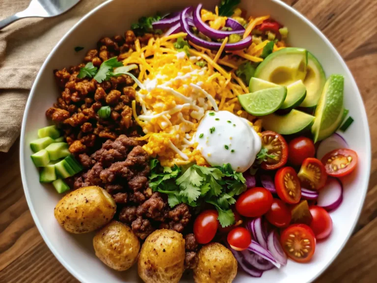 A full, vibrant, and overflowing Loaded Potato Taco Bowl in a minimalist white ceramic bowl, showcasing golden-brown roasted baby potatoes, savory seasoned ground beef and black beans, and distinct sections of bright toppings: halved cherry tomatoes, yellow corn with green cilantro, diced red onion, sliced green avocado, and shredded orange cheddar cheese. A prominent dollop of white sour cream is garnished with red paprika and green cilantro in the center. A fresh lime wedge is visible. The bowl is positioned on a light marble countertop with a hint of a warm-toned wooden cutting board in the background, bathed in natural morning light from an east window, casting soft shadows. The overall tone is warm, clean, and tidy. No hands or people. 4:3 aspect ratio.