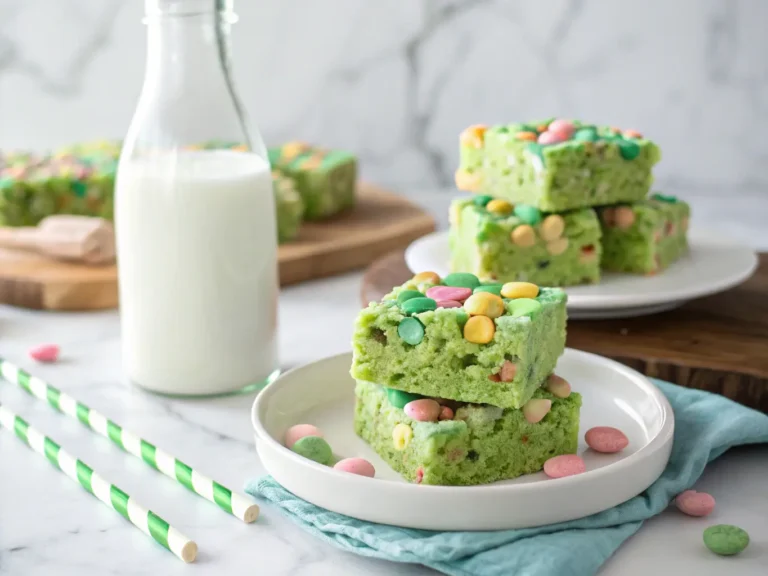 Hero shot of three vibrant green Lucky Charms Rice Krispie Treats, generously studded with colorful marshmallows, stacked on a minimalist white plate. A clear glass bottle of milk with a green and white striped straw is softly blurred in the background. The scene is bathed in natural morning light from an east window, highlighting the chewy texture and vivid colors. Shot on a marble countertop with subtle wood accents and soft shadows, clean and tidy presentation. (4:3 ratio)