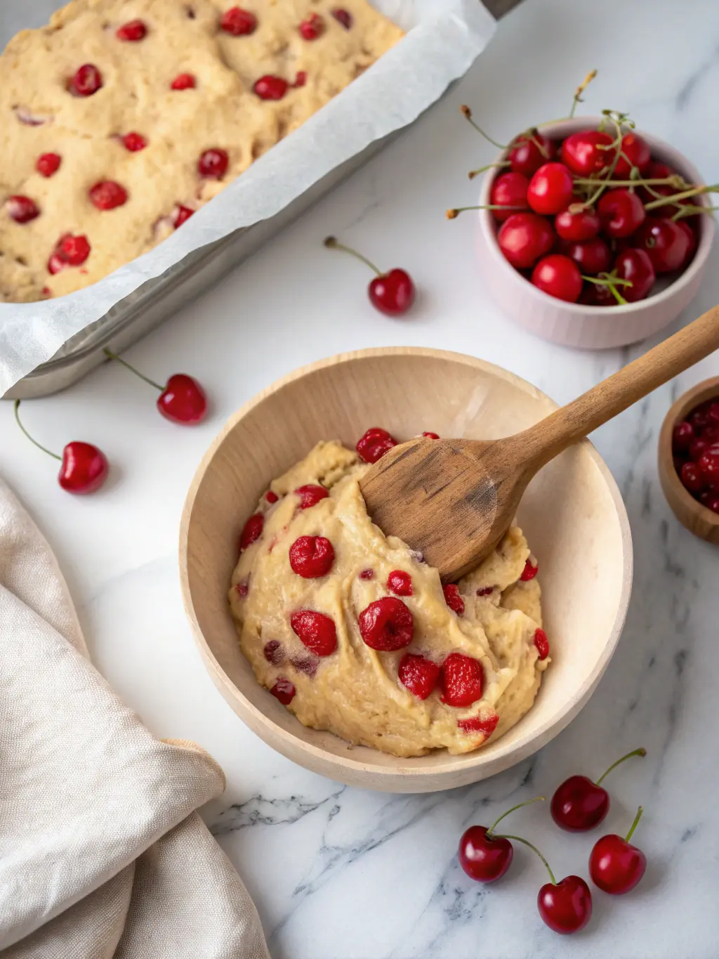 A close-up, top-down shot of cookie dough with vibrant red chopped maraschino cherries being gently folded in with a wooden spoon, showcasing the rich texture and even distribution of cherries. The scene is set on a marble countertop under natural morning light, with a clean and tidy presentation and warm tones. NO HANDS.