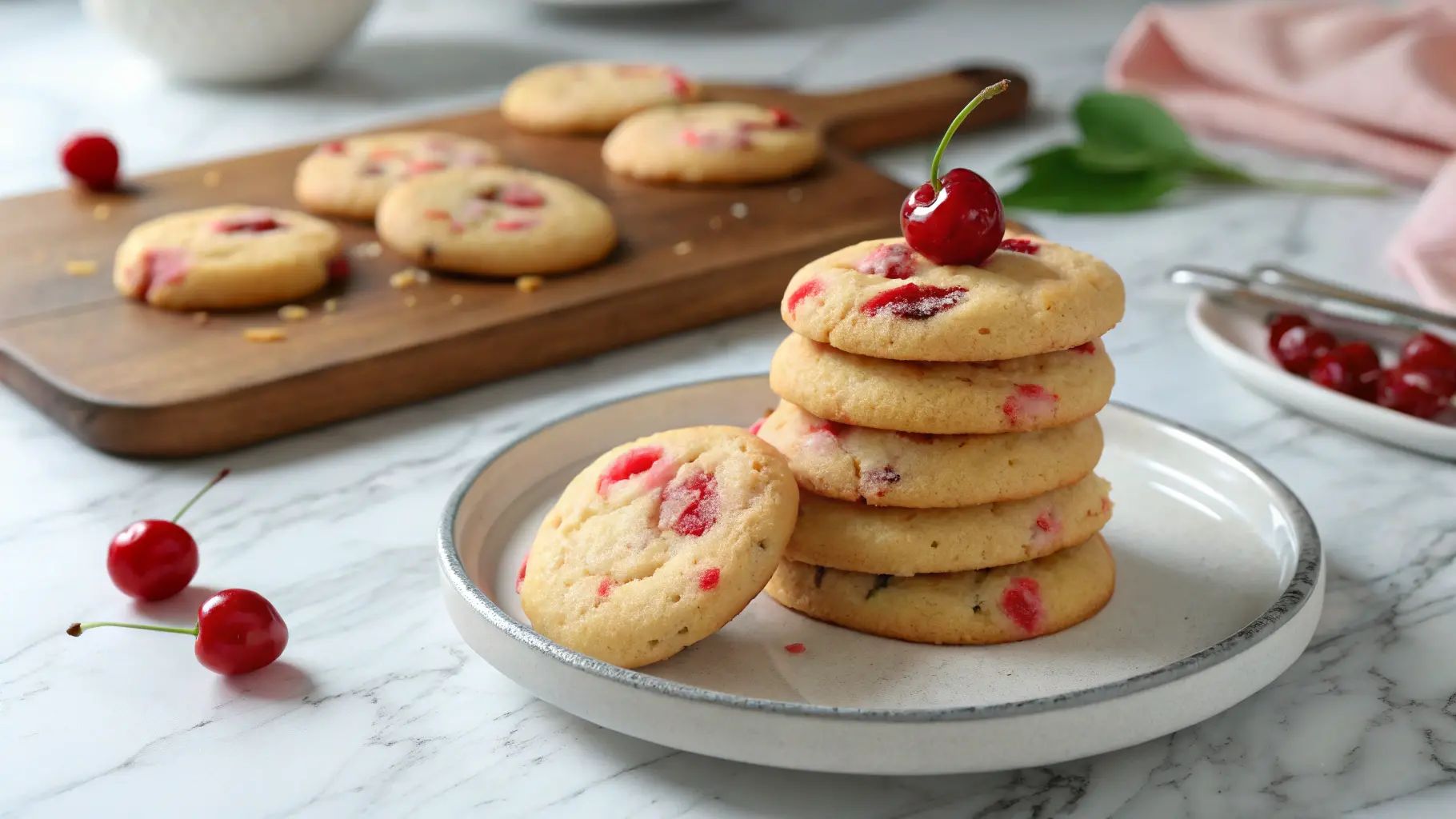 A beautifully arranged stack of golden-brown Maraschino Cherry Cookies on a minimalist white plate with a subtle silver rim, as seen in the inspiration image. The cookies are soft, chewy, and speckled with vibrant red maraschino cherries, some whole on top, some chopped and mixed in creating delicate pink swirls. Shot in natural morning light on a marble countertop with soft shadows and warm tones, a blurred glimpse of a wooden cutting board in the background, creating a delicious and inviting scene. NO HANDS.
