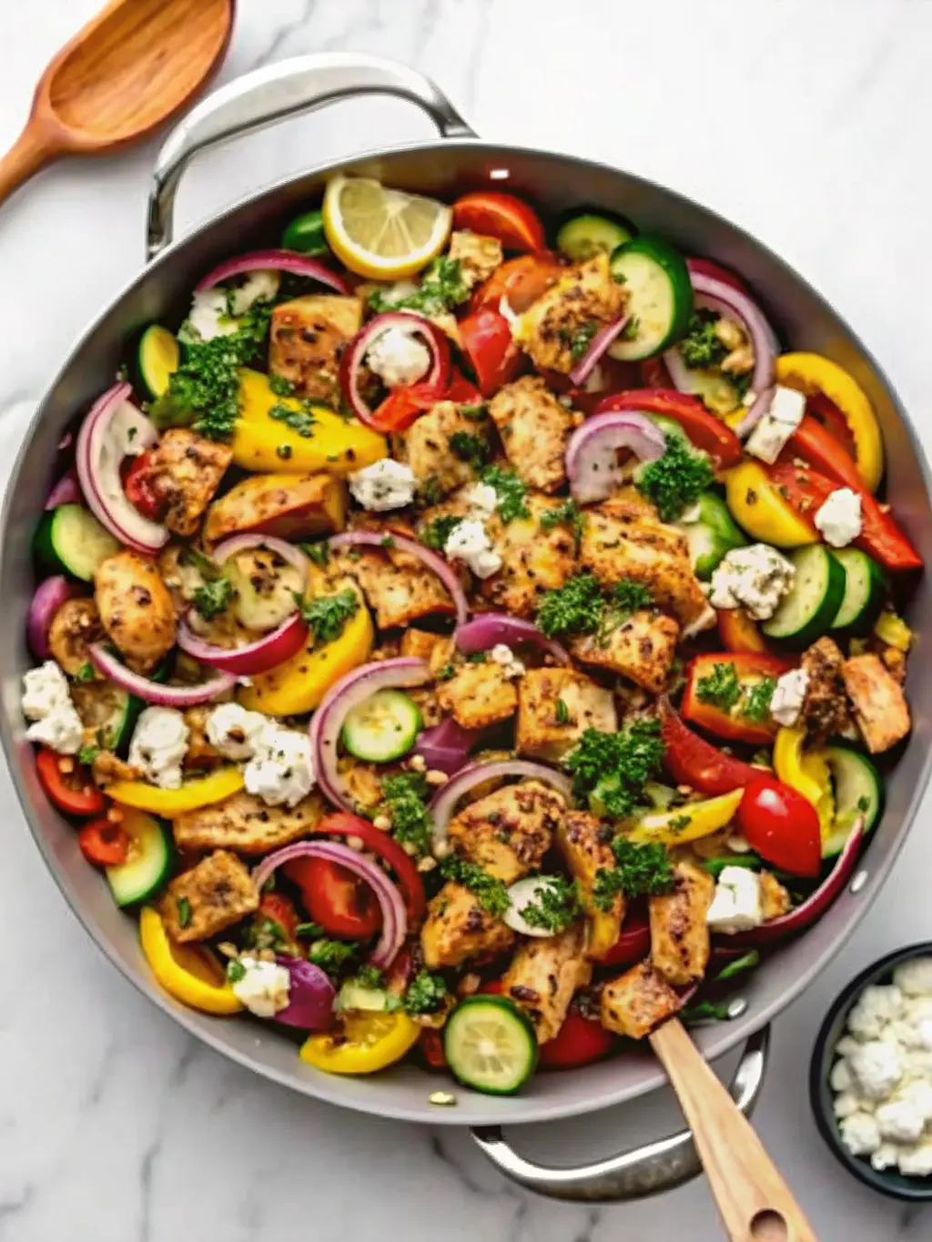 A close-up shot of the white enamel cast iron pan on a stovetop, capturing the Mediterranean Chicken Stir Fry Recipe cooking. Golden-brown chicken pieces are sizzling with colorful red, yellow, and orange bell peppers and green zucchini, just beginning to soften. A slight char is visible on some ingredients. Natural morning light, soft shadows, warm tones, clean and tidy, no hands or people. (3:4 ratio)