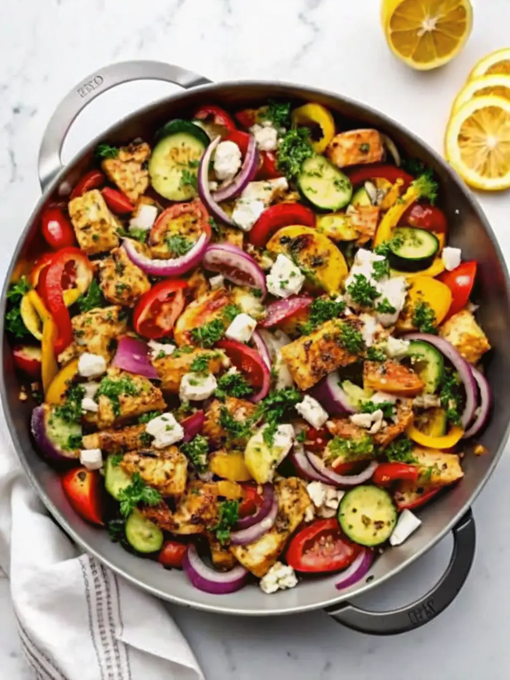 A minimalist white ceramic bowl filled with a generous serving of the finished Mediterranean Chicken Stir Fry Recipe. The dish prominently features tender golden-brown chicken, bright red, yellow, and orange bell peppers, green zucchini, purple olives, crumbled white feta, and a sprinkle of fresh green parsley. The texture is vibrant and inviting. Served on a marble countertop with subtle wooden accents and fresh herbs in the soft-focus background. Natural morning light, warm tones, no hands or people. (3:4 ratio)