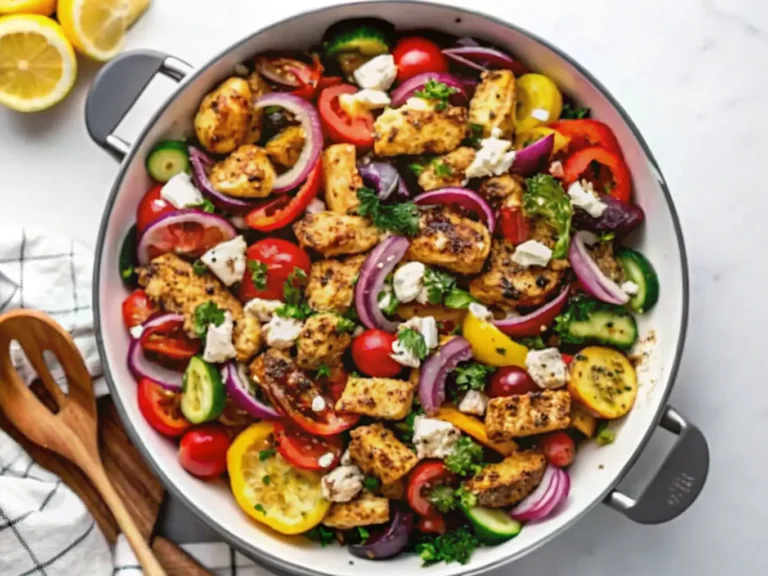 Overhead wide shot of a white enamel cast iron pan filled with vibrant golden-brown chicken pieces, colorful red, yellow, and orange bell peppers, green zucchini rounds, thick slices of red onion, dark purple Kalamata olives, generous crumbles of white feta cheese, and a sprinkle of fresh green chopped parsley, with a lemon wedge on the side. The pan is on a clean marble countertop with subtle wood accents in the background. Natural morning light from an east window casts soft shadows. Warm tones, clean and tidy presentation, no hands or people. (4:3 ratio)