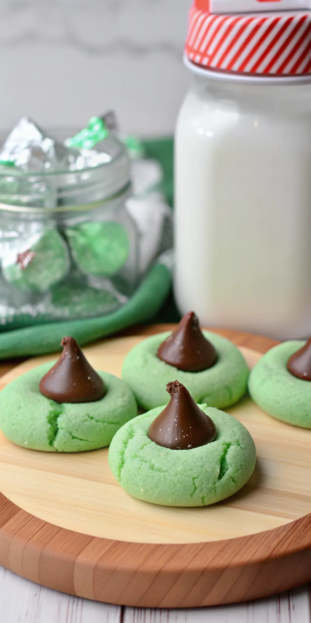 A close-up, inviting shot of a stack of two Mint Chocolate Kiss Blossom Cookies on a small minimalist white plate, showcasing their cracked, sugar-dusted vibrant green texture and the perfectly melted milk chocolate kiss in the center. The familiar wooden cutting board and a blurred sprig of fresh mint are in the background, with soft morning light creating gentle highlights and warm tones. Clean and tidy, no hands, 3:4 aspect ratio.