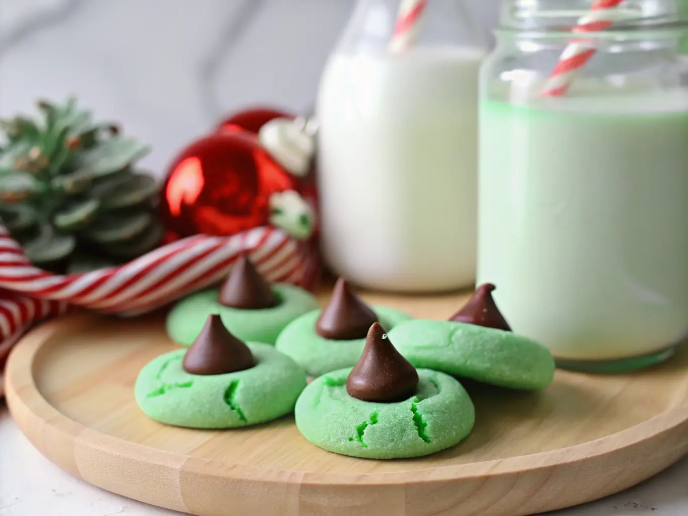 Hero shot of vibrant green, sugar-coated Mint Chocolate Kiss Blossom Cookies with milk chocolate kisses pressed into their centers, arranged artfully on the familiar wooden cutting board. A clear glass bottle of light green milk with a swing top is softly blurred in the background, along with a light-colored plaid kitchen towel and a sprig of fresh mint. Natural morning light from an east window illuminates the scene, casting soft shadows and creating warm tones on marble countertops. Clean and tidy presentation, no hands, 4:3 aspect ratio.