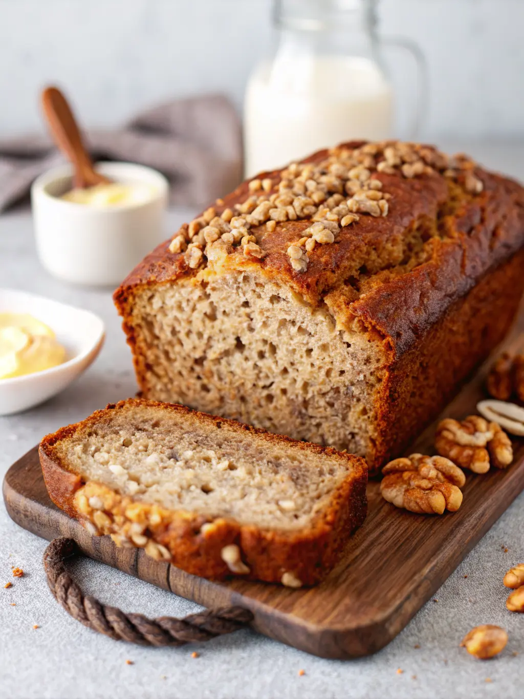 A minimalist arrangement of ripe, speckled bananas, a bag of all-purpose flour, a small bowl of chopped walnuts, and a bottle of plant-based milk on a clean marble countertop. A ceramic bowl holding freshly mashed bananas is prominent, awaiting the next step. The lighting is soft morning light, creating gentle shadows and warm tones. NO HANDS OR PEOPLE.