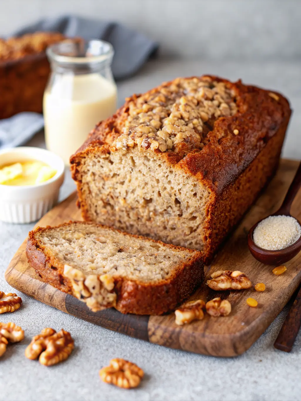 A rustic wooden cutting board holds a 9x5-inch loaf pan filled with unbaked vegan banana bread batter, its surface speckled with walnuts. The pan rests on a cooling rack on a marble countertop. Fresh green herbs are subtly visible in the soft-focus background, suggesting a fresh kitchen environment. Natural morning light, warm tones, and clean presentation. NO HANDS OR PEOPLE.