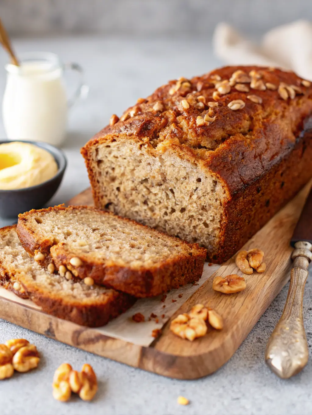 A close-up shot focusing on a thick slice of moist vegan banana bread, resting on a minimalist white ceramic plate. The slice clearly shows the tender, crumbly texture with banana bits and embedded walnuts. The main loaf, still on the wooden cutting board, is softly blurred in the background. A slight drizzle of maple syrup glimmers on the slice. Natural morning light, soft shadows, and warm, inviting tones. NO HANDS OR PEOPLE.