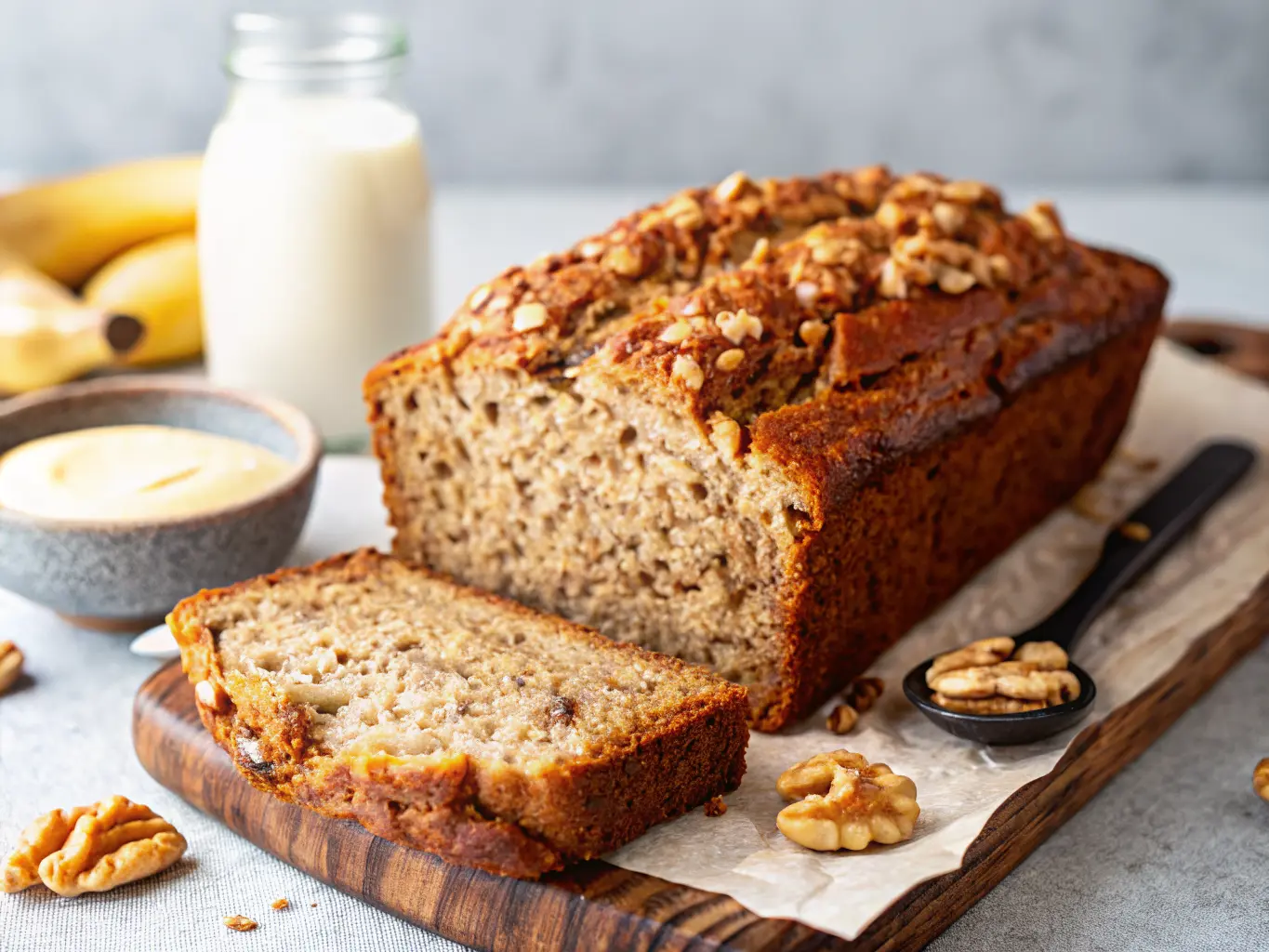A loaf of golden-brown vegan banana bread, perfectly sliced to reveal its moist, speckled interior with visible banana pieces and walnuts. The loaf is arranged on a rustic wooden cutting board, with a small ceramic bowl of creamy vegan butter and another small ceramic bowl of golden maple syrup nearby. A glass jar of plant-based milk and a ripe banana peel are blurred in the background. The scene is set on a marble countertop with natural morning light, soft shadows, and warm tones. NO HANDS OR PEOPLE.
