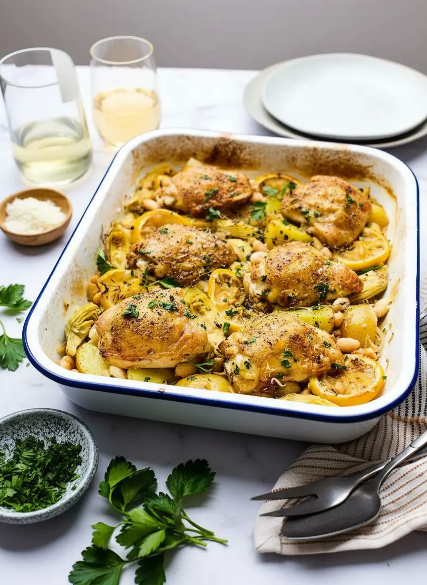 Image 1, 3:4 ratio: A beautifully arranged collection of fresh ingredients for the oven-roasted chicken: raw chicken thighs, un-cut baby potatoes, a whole lemon, a can of cannellini beans, fresh parsley, and thyme sprigs. They are artfully displayed on a worn wooden cutting board, set on a clean white marble countertop. Natural morning light creates soft shadows, emphasizing the freshness and texture of each ingredient. No hands or people.