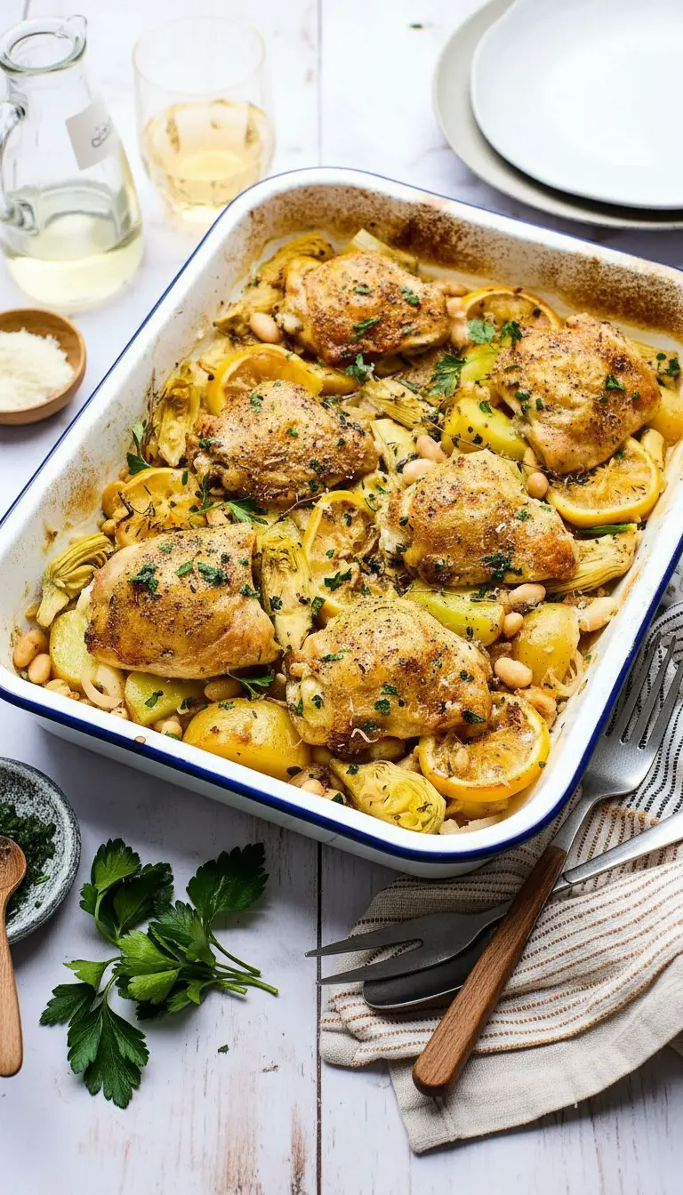 Image 3, 3:4 ratio: A vibrant close-up of a portion of the finished oven-roasted chicken with a crispy golden-brown skin, a few tender golden potatoes, creamy white beans, and a caramelized lemon slice, carefully plated on a minimalist white ceramic plate. The background features the white marble countertop and a subtle wood accent. Fresh chopped parsley is sprinkled over the dish, highlighting its fresh texture. Natural morning light creates appealing highlights and shadows. No hands or people.