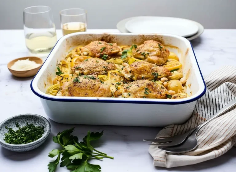 Hero shot, 4:3 ratio: A pristine white enamel baking dish with a blue rim, filled to the brim with perfectly golden-brown oven-roasted chicken thighs, nestled amongst tender golden baby potatoes, creamy white cannellini beans, bright yellow caramelized lemon slices, and vibrant green artichoke hearts. The dish is generously garnished with fresh chopped parsley. The scene is bathed in natural morning light from an east window, casting soft shadows on a clean white marble countertop with subtle wood accents in the background. Minimalist white plates stacked are subtly out of focus in the upper right. No hands or people.