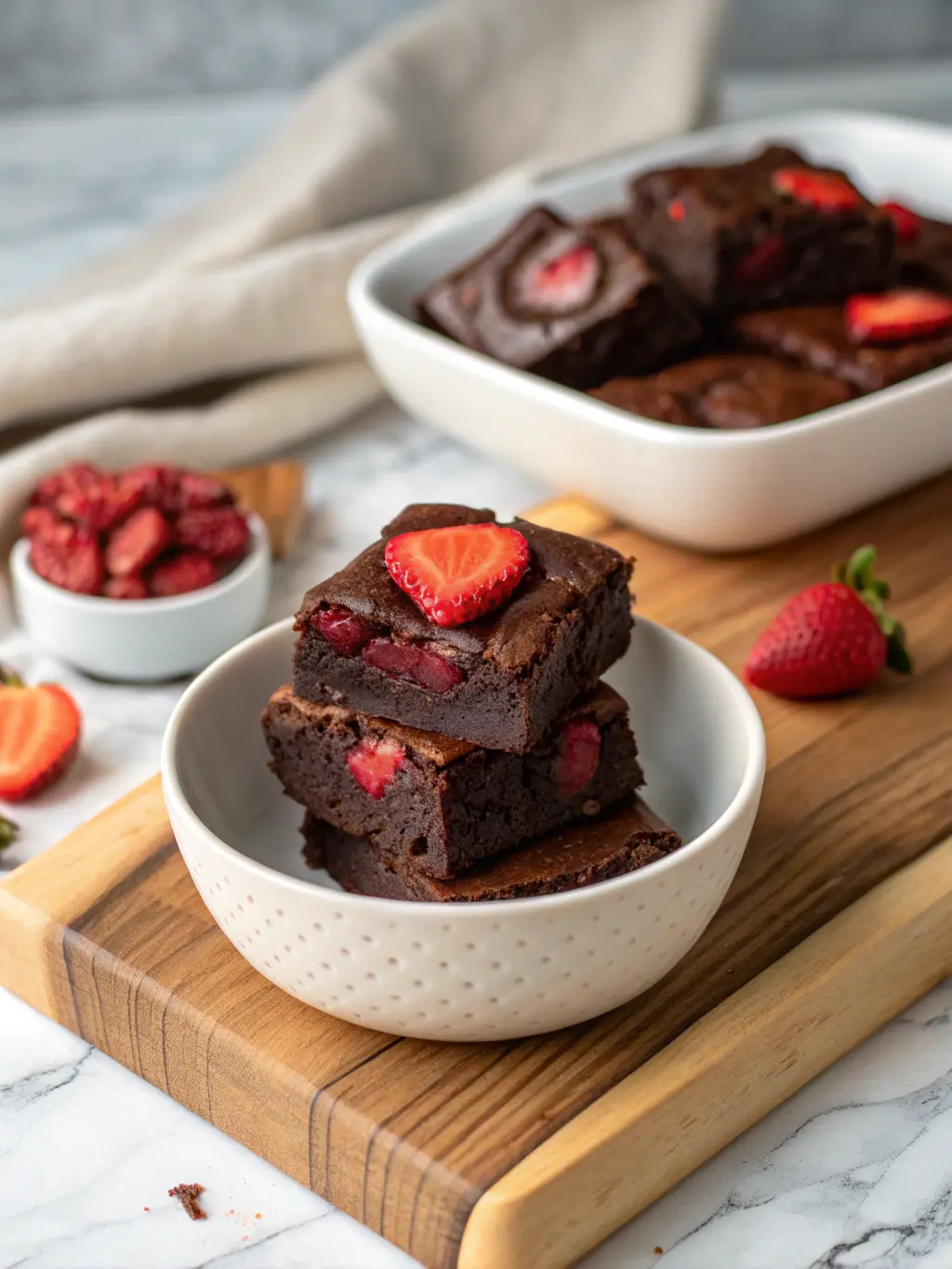 A close-up, slightly elevated shot of a stack of rich Paleo Chocolate Brownies on a minimalist white ceramic bowl, one brownie showing its fudgy interior, adorned with vibrant red strawberry hearts, sitting on the wooden cutting board. Natural morning light creates warm tones and soft shadows on the marble countertop. NO HANDS.