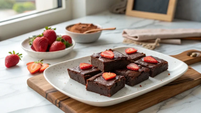 A beautifully arranged plate of fudgy Paleo Chocolate Brownies, cut into squares, some topped with fresh strawberry hearts, on a minimalist white plate, set on marble countertops with a subtle wood accent. Natural morning light from an east window casts soft shadows. Fresh strawberries are subtly visible in the background, maintaining a clean and tidy presentation with warm tones. NO HANDS.